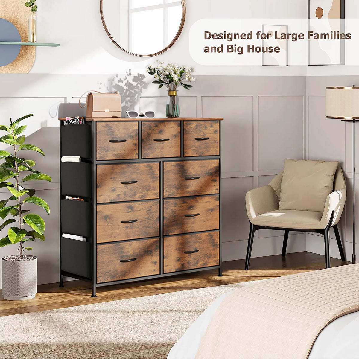 9 Drawer Fabric Dresser with Side Pockets G638