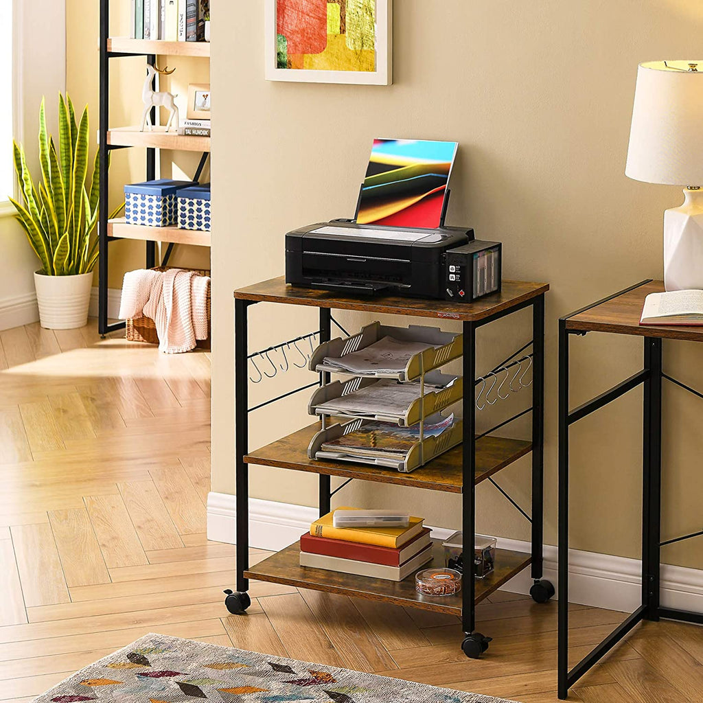 3-Tier Kitchen Utility Storage Shelf with Rolling Wheels, 10 Hooks, Brown F251