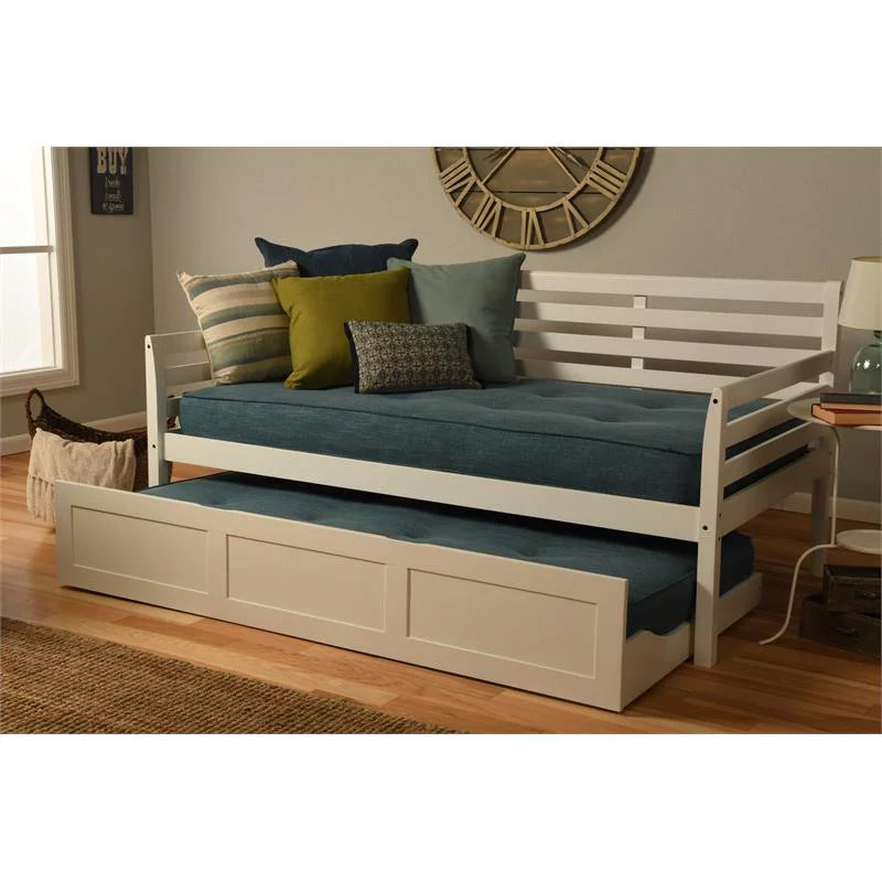 White Daybed and Trundle with Linen Aqua Mattresses K8742