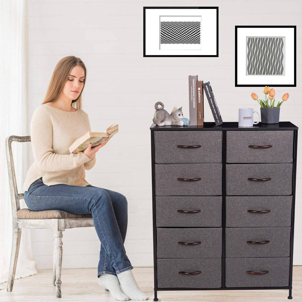 10 Drawer Vertical Dresser with Steel Frame and Fabric Bins U143