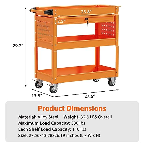 3-Tier Heavy Duty Utility Cart with Drawer, 350 Lbs Load Capacity (Black) V4382