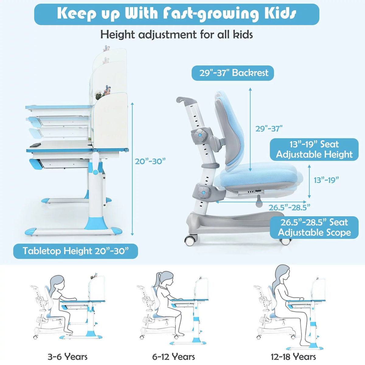 Blue Adjustable Kids Study Desk and Chair Set D2549