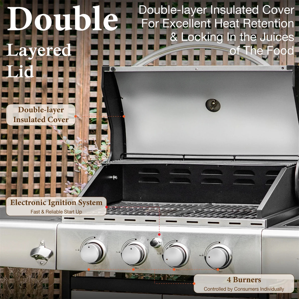 4 Burner Propane Gas Grill with Side Burner Stainless Steel L925