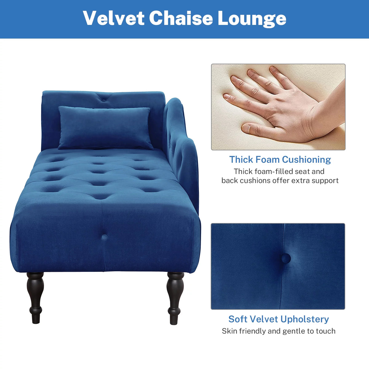 Blue Button Tufted Lounge Chaise with Accent Pillow P608301