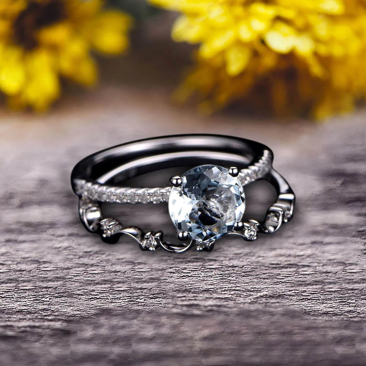 2 Carat 6mm Round Cut Blue Aquamarine Engagement Ring on 10k White Gold E112