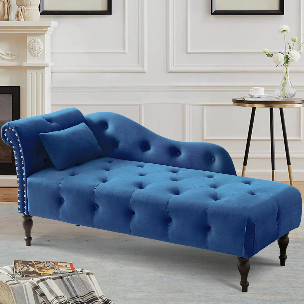 Blue Button Tufted Lounge Chaise with Accent Pillow P608301