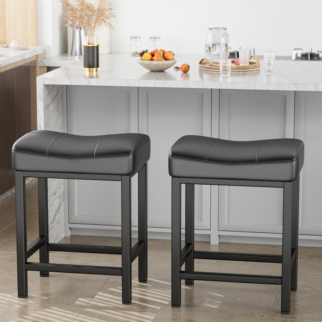 Black PU Leather Counter Bar Stools Set of 2 with Metal Base K493012
