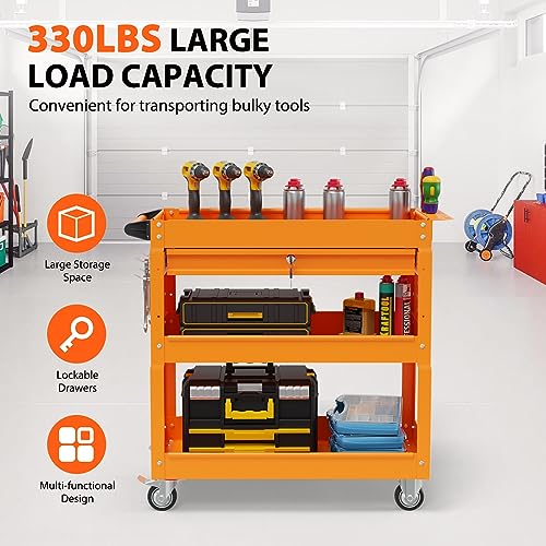 3-Tier Heavy Duty Utility Cart with Drawer, 350 Lbs Load Capacity (Black) V4382