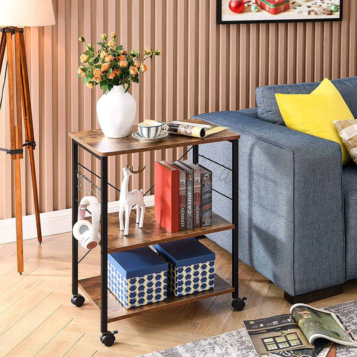 3-Tier Kitchen Utility Storage Shelf with Rolling Wheels, 10 Hooks, Brown F251