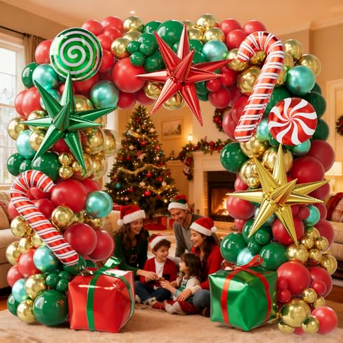 Christmas Balloon Arch Kit, 179PCS Red Green Gold Balloon Garland J7460