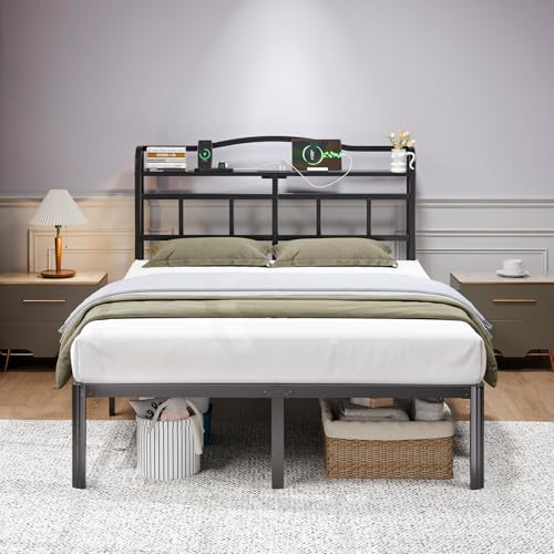 Black 14 Inch Full Size Metal Platform Bed Frame with Storage Headboard and Charging Station D609642