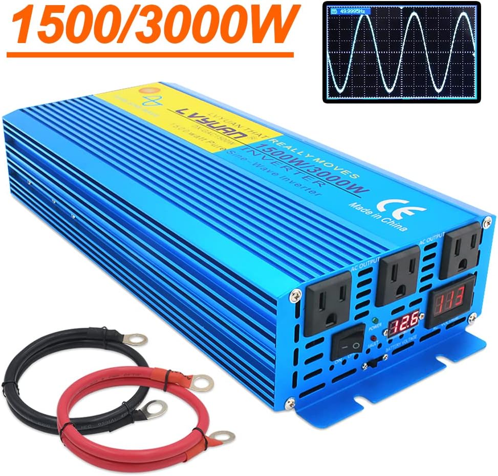 1500W Pure Sine Wave Power Inverter 12V DC to 110V AC with 3 AC Outlets O788791