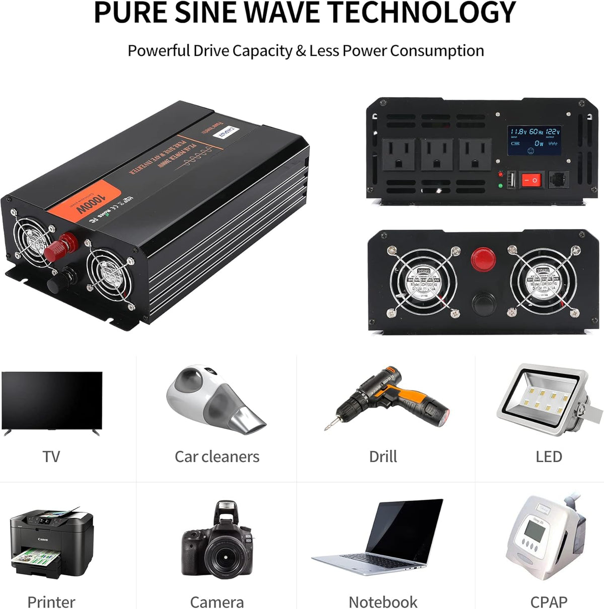 1000W Pure Sine Wave Power Inverter DC 12V to AC 120V with LCD Display Remote Control USB Port D121801