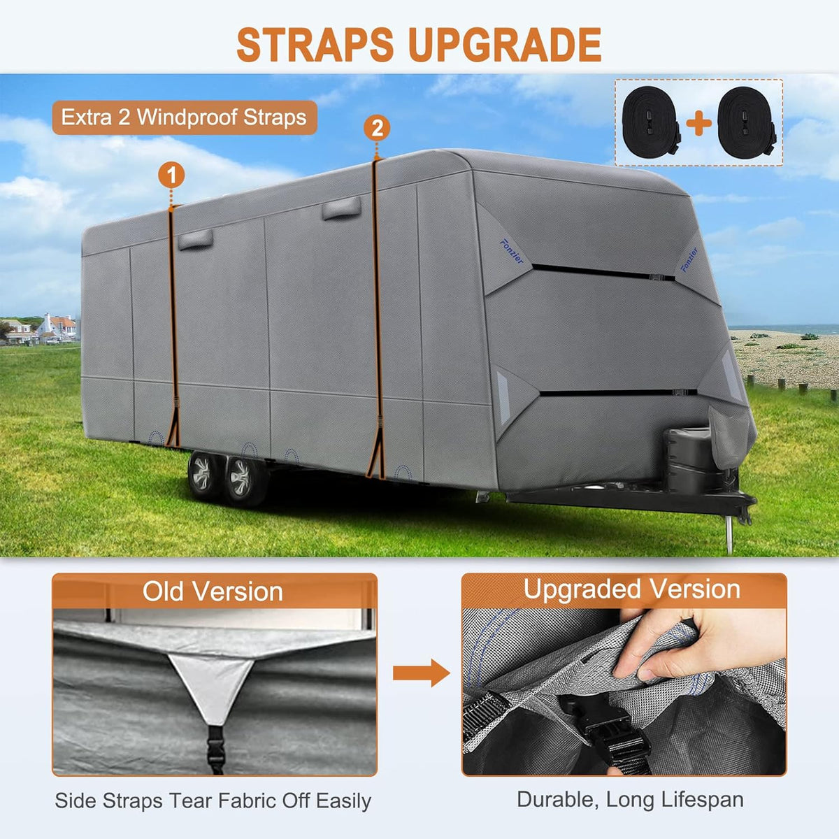 Heavy Duty 6 Layers Travel Trailer RV Cover Anti-UV Camper Cover for 24'1" - 26' Motorhome Breathable Rip-Stop with 2Pcs Extra Straps & Gutter Spout Covers U12426