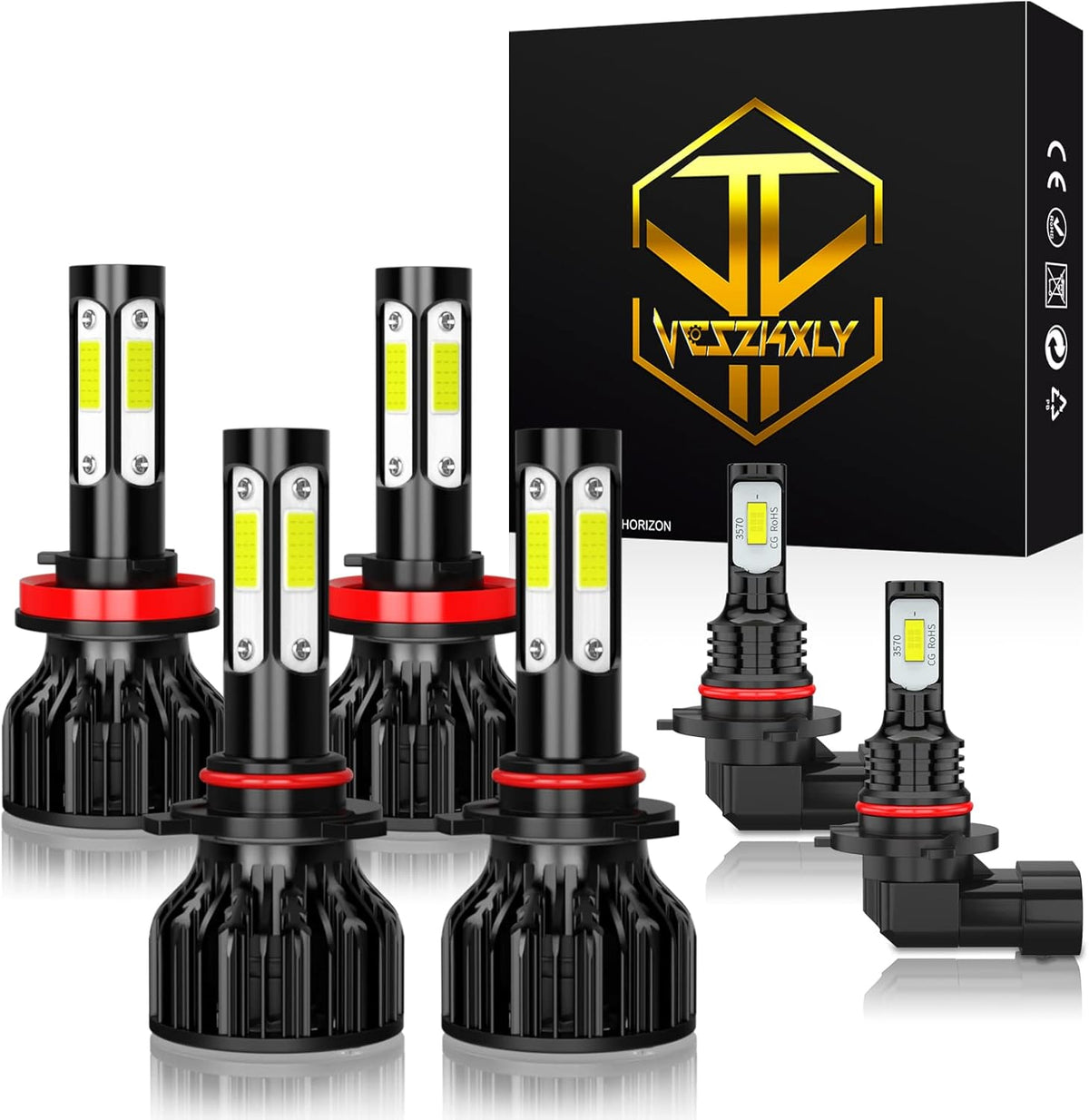 9007/HB5 High Low Beam + 9006/HB4 Fog Light Bulbs, Pack of 4 LED Headlights J269004