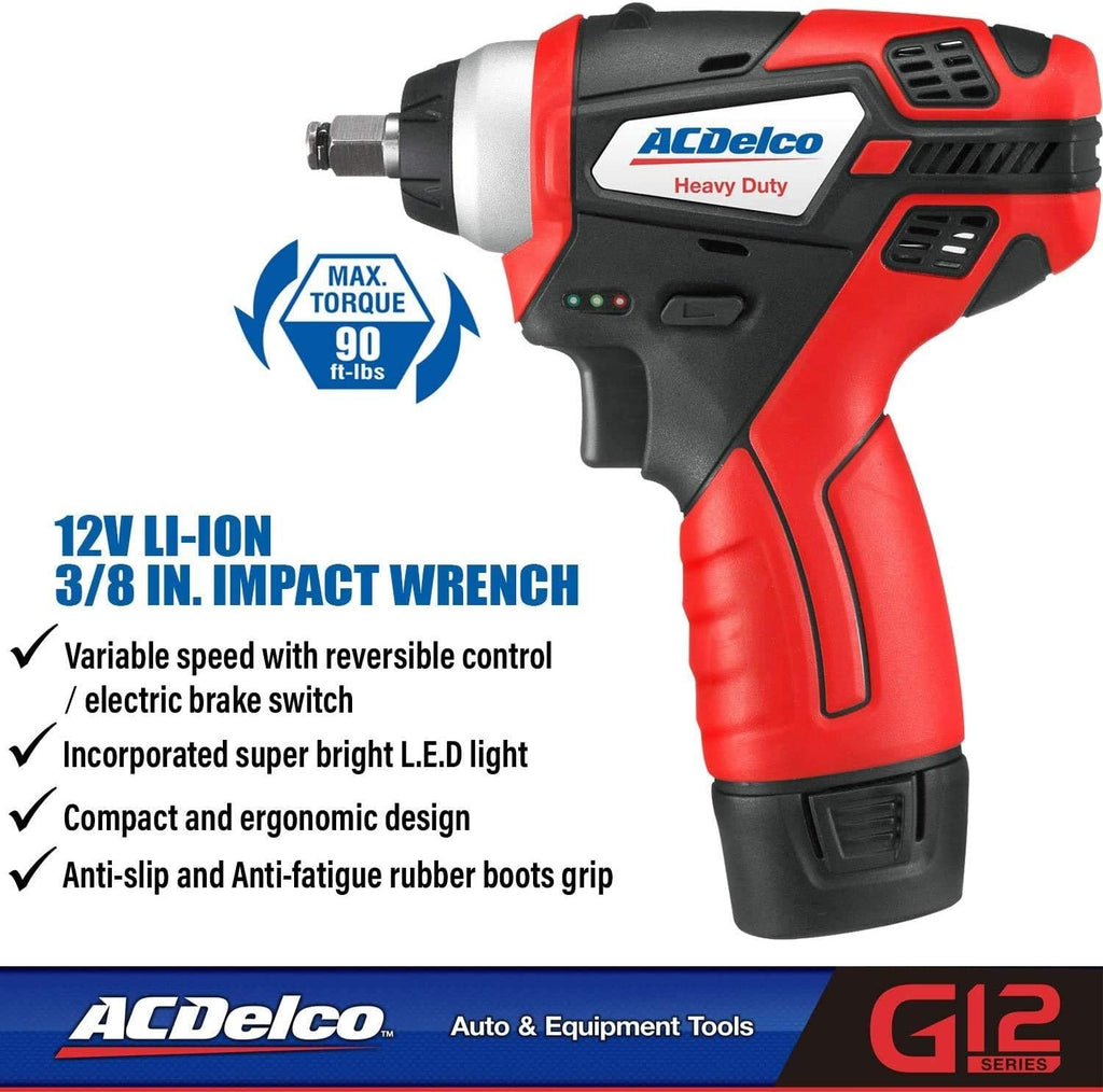 12V Cordless Li-ion 3/8” Impact Wrench Tool Kit with 2 Batteries V409