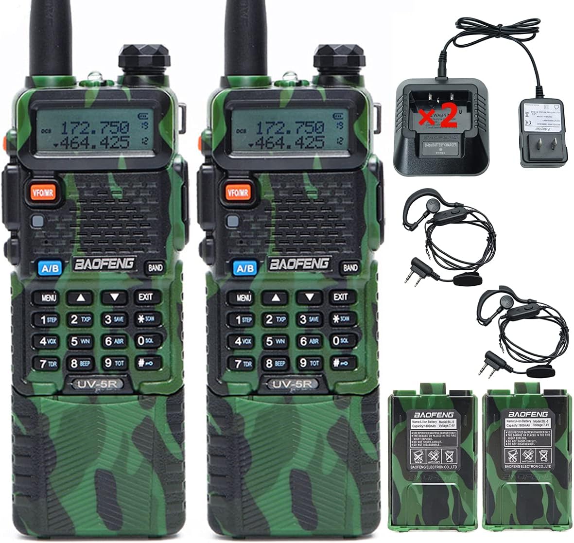 2 Pack Baofeng UV-5R 5Watt Camo Two Way Radio Transceiver with Extra 2 Pack 1800mAh Battery Y99049