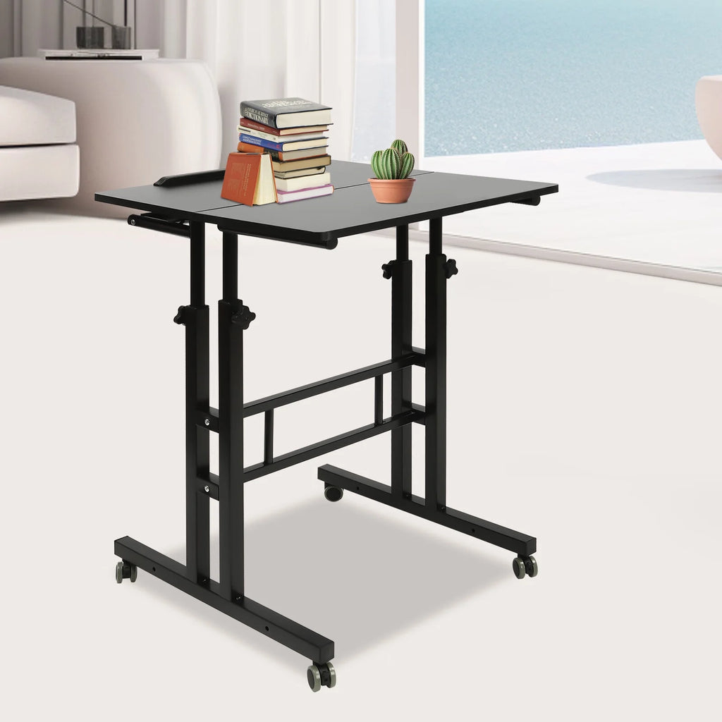 24" Mobile Stand Up Desk Adjustable Height Small Storage Desk with Wheels Black X47652