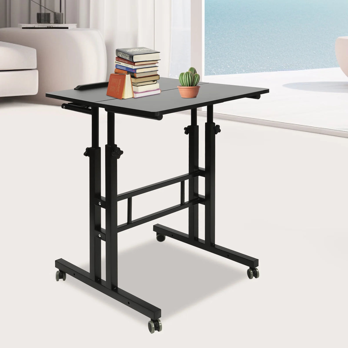 24" Mobile Stand Up Desk Adjustable Height Small Storage Desk with Wheels Black X47652