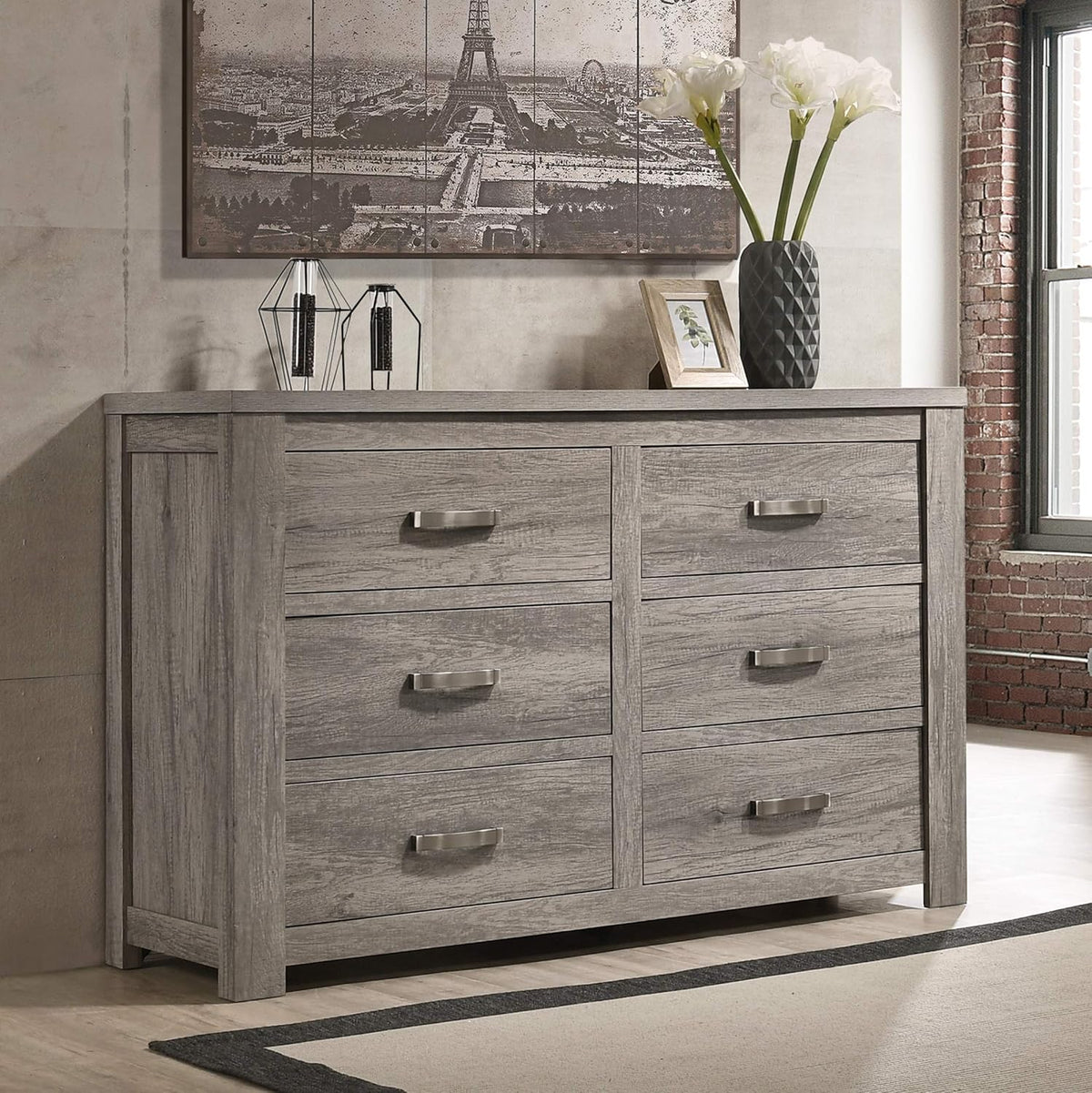Weathered Gray Wood Queen Panel Bed, Dresser, Mirror, Nightstand, Chest L56132
