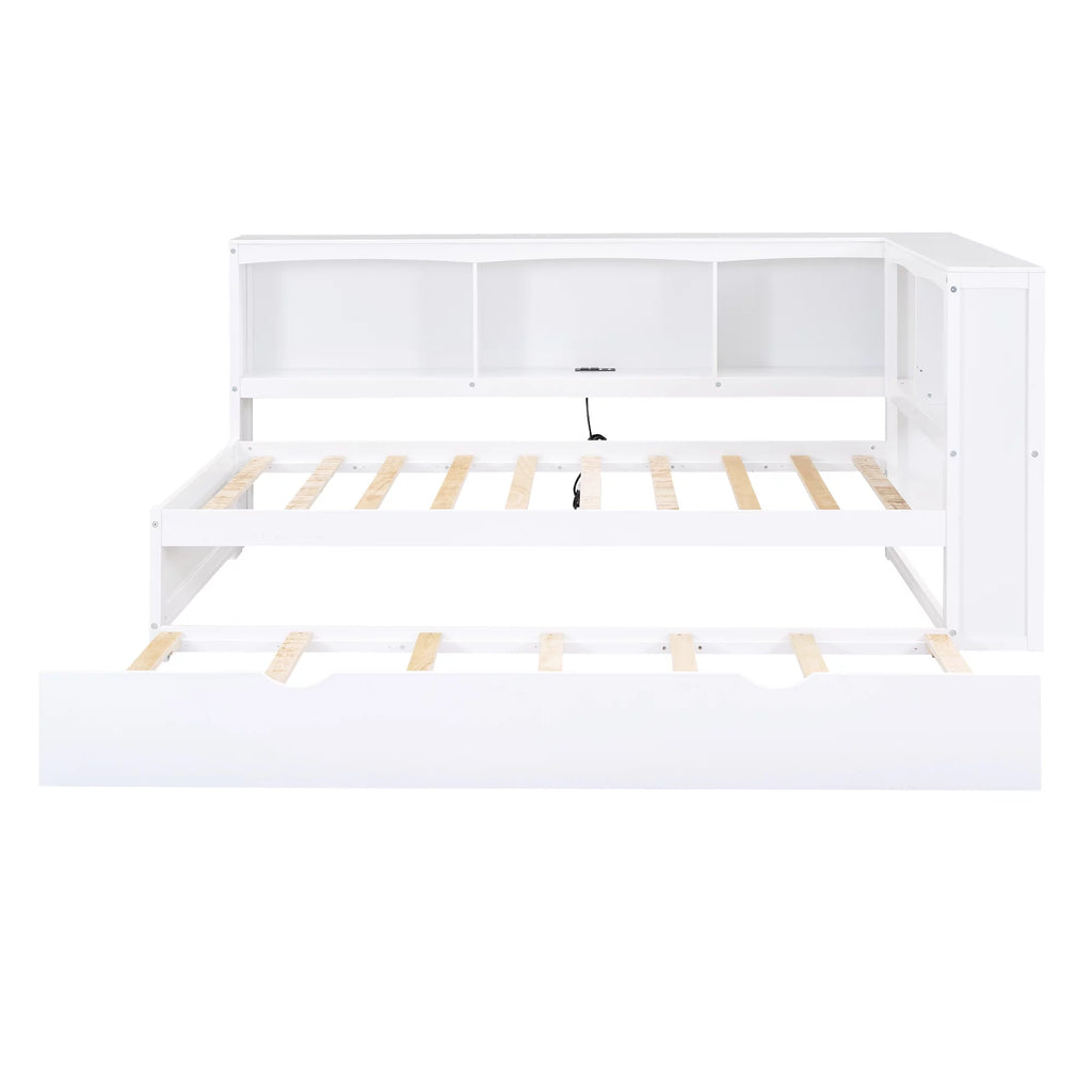 Twin over Twin Size Wood Daybed with Trundle and Storage Cabinets (White) E24116