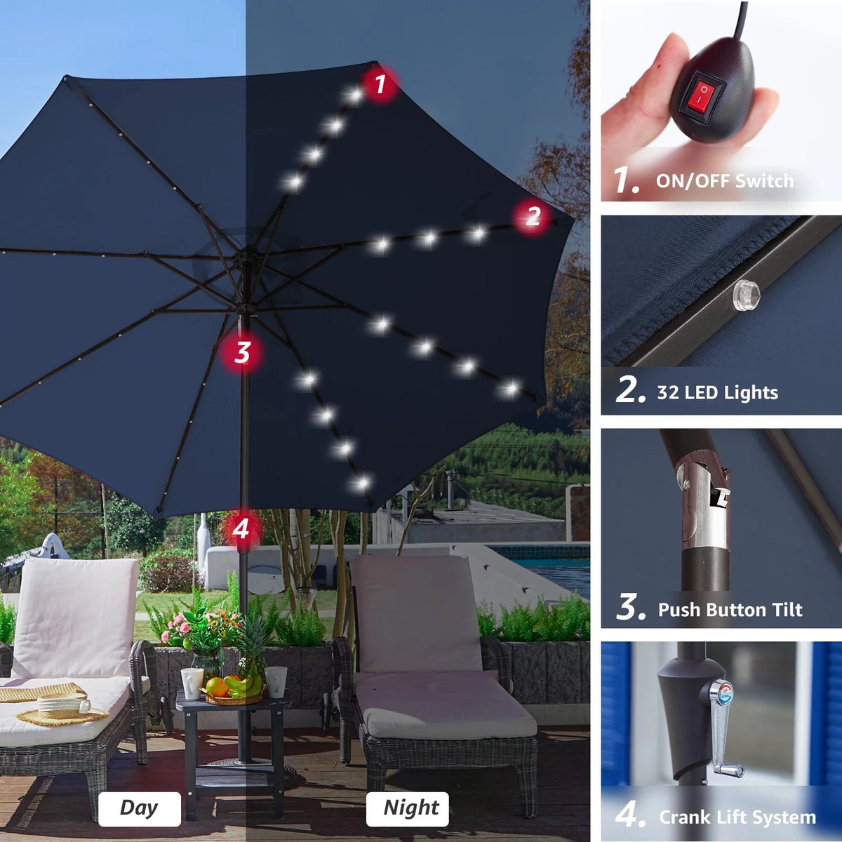 10 ft LED Solar Patio Umbrella H5638