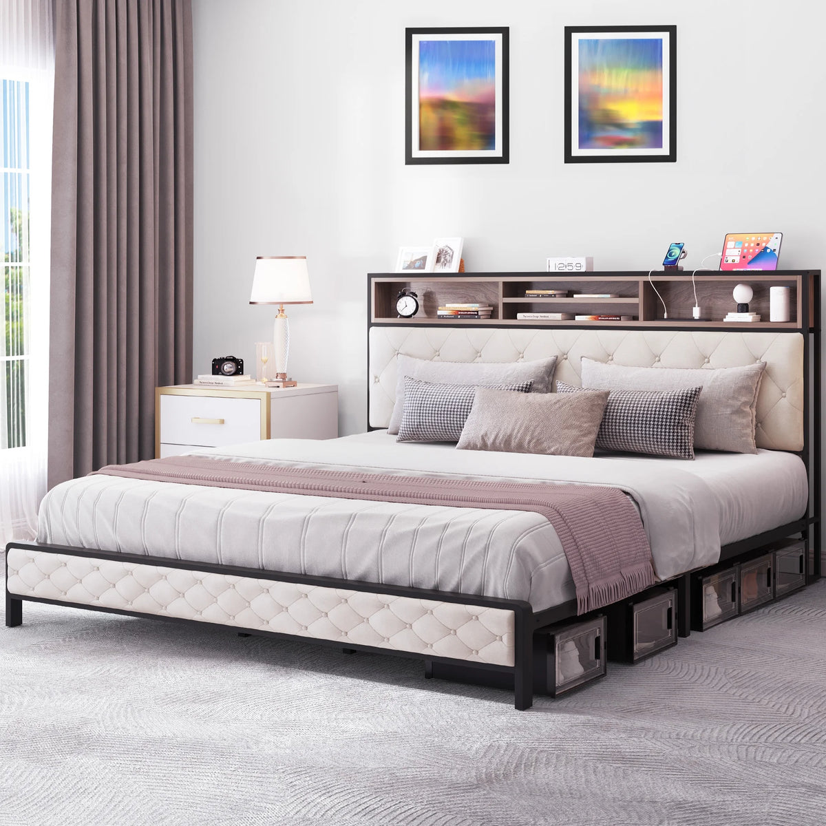 Queen Size Beige Metal Bed Frame with Storage Headboard I8338