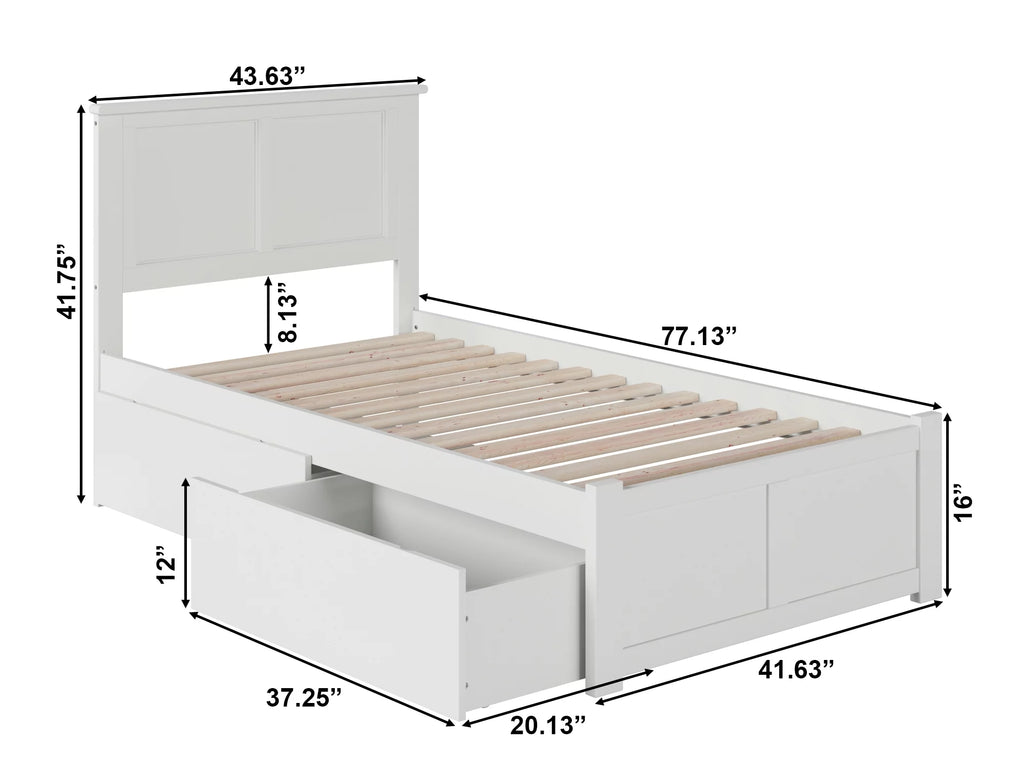 Twin Solid Wood Platform Bed with Footboard & 2 Storage Drawers in White L123