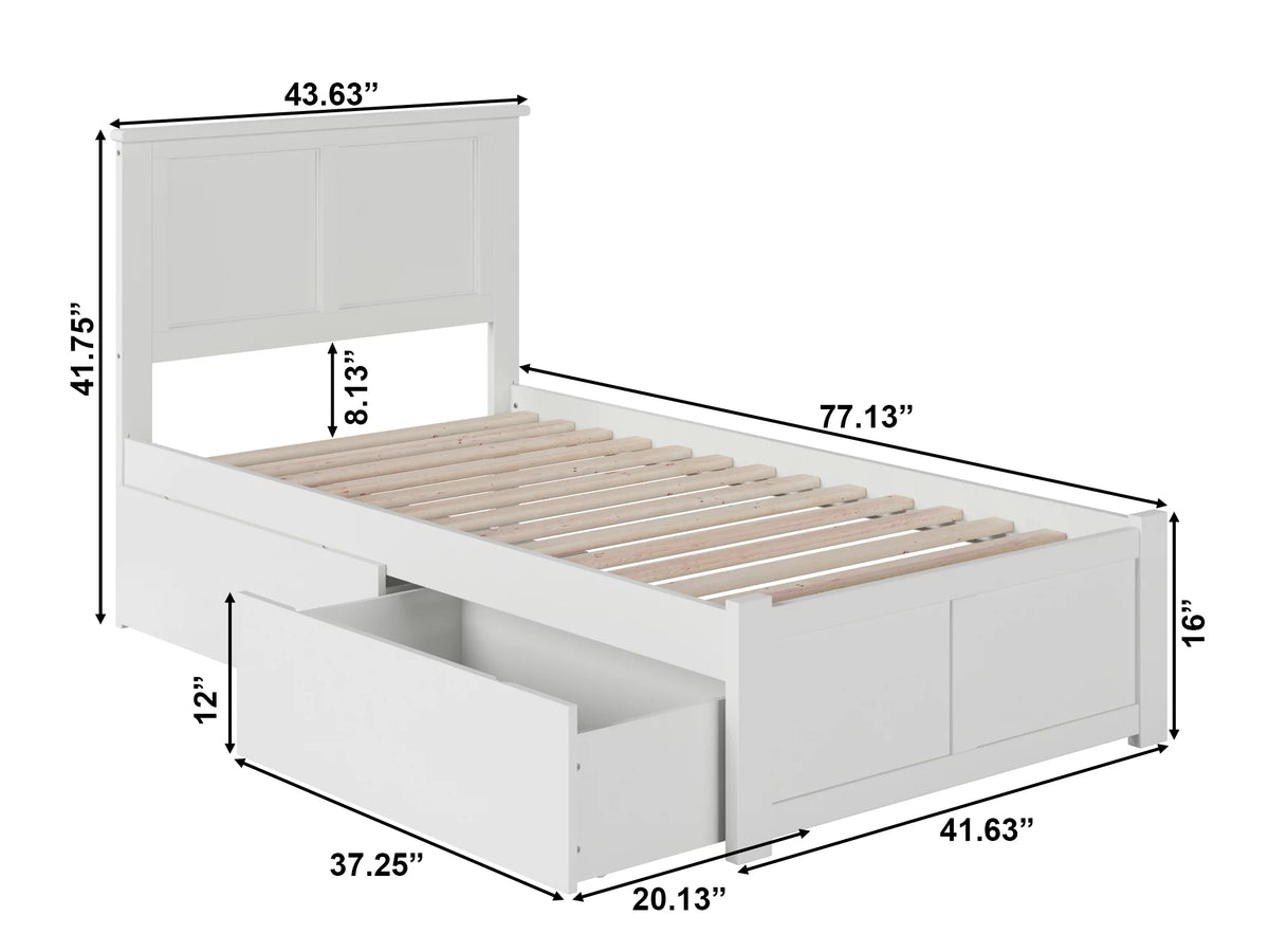 Twin Solid Wood Platform Bed with Footboard & 2 Storage Drawers in White L123