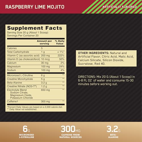 Pre Workout Advanced with Creatine, Beta-Alanine, L-Citrulline and Caffeine, Berry Blast, 20 Servings B723224