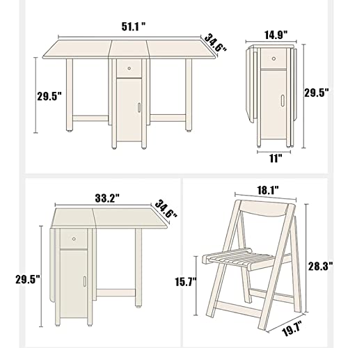 White Solid Wood Drop Leaf Dining Table with 4 Chairs J437469