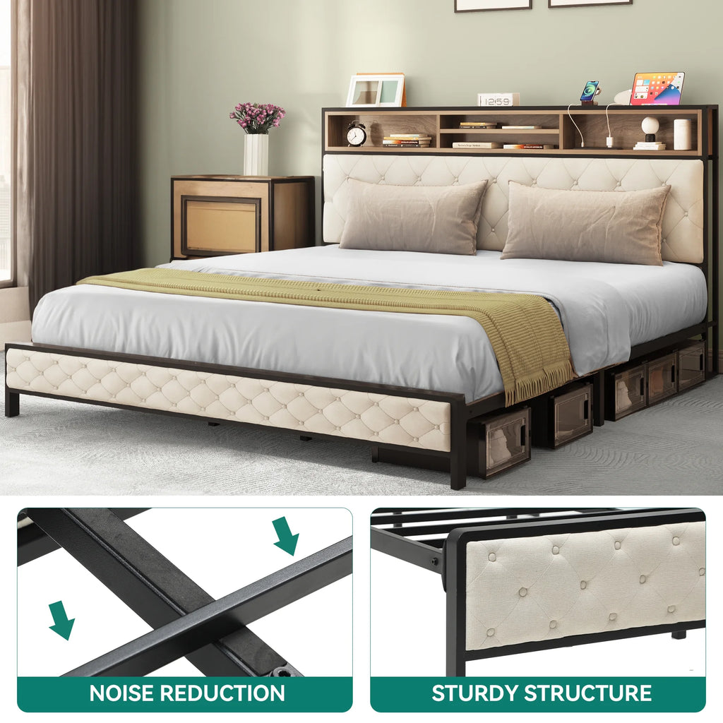 Queen Size Beige Metal Bed Frame with Storage Headboard I8338