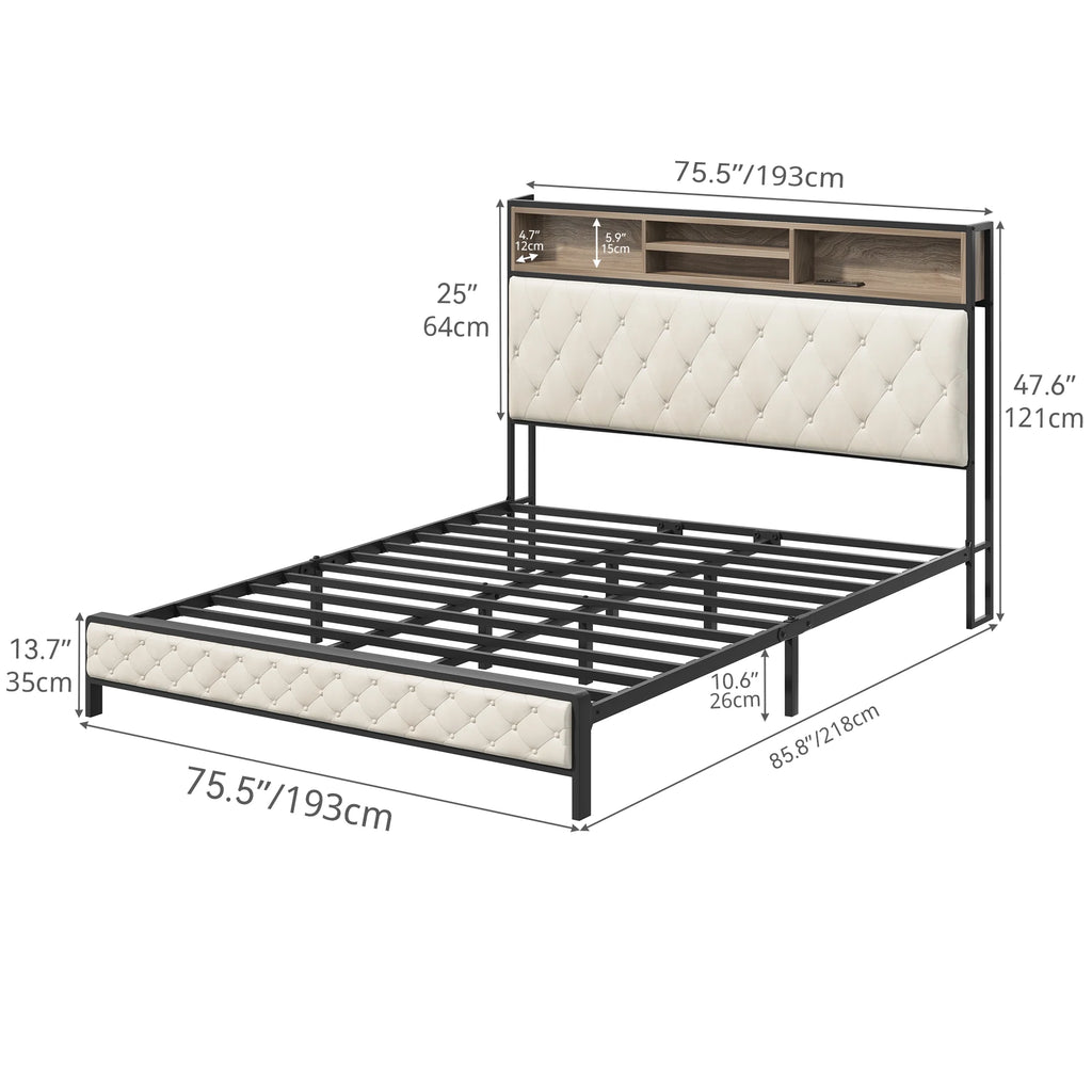 Queen Size Beige Metal Bed Frame with Storage Headboard I8338