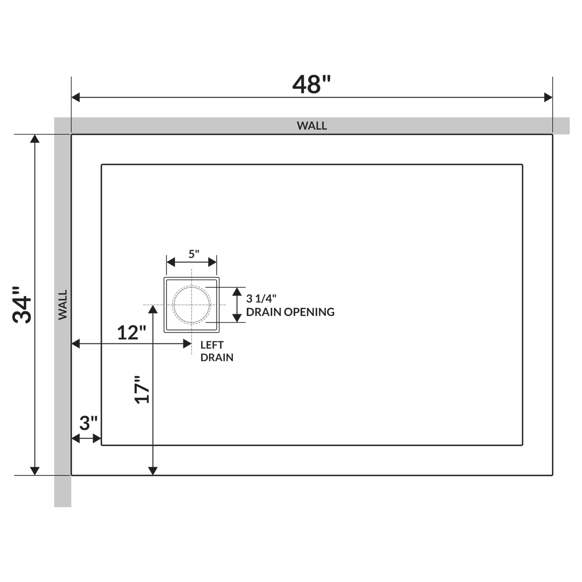 48x22 Shower Base Pan Left Double Threshold Right Drain Z9743