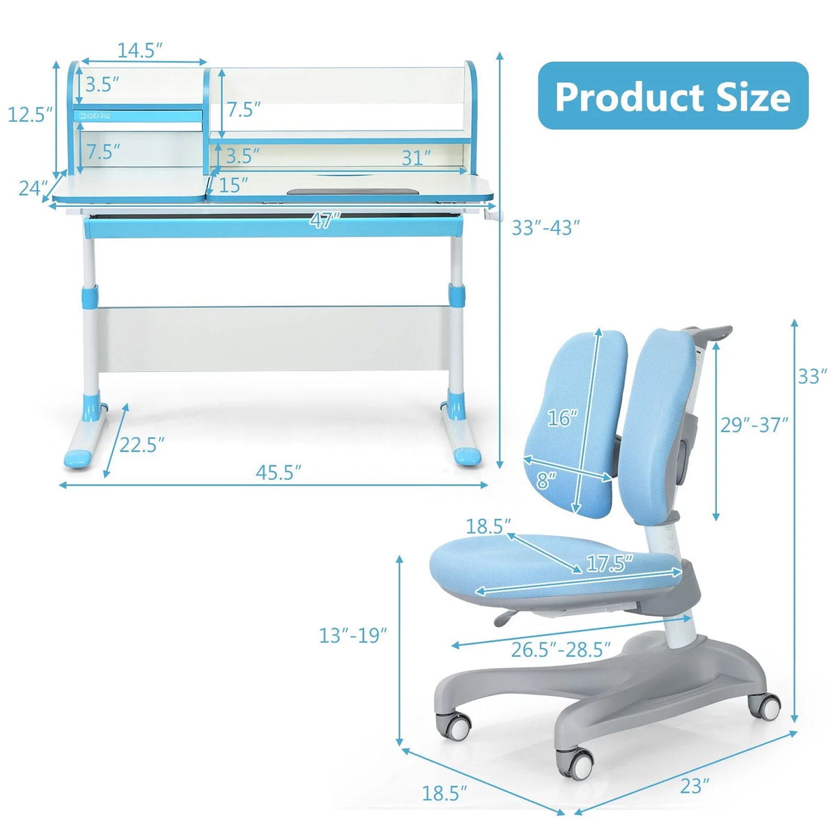 Blue Adjustable Kids Study Desk and Chair Set D2549