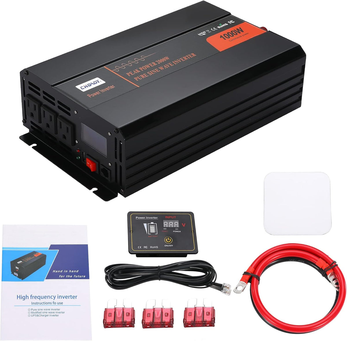 1000W Pure Sine Wave Power Inverter DC 12V to AC 120V with LCD Display Remote Control USB Port D121801