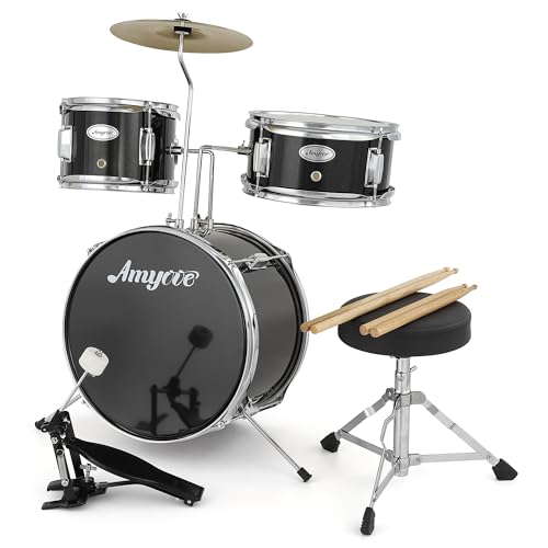 3 Piece Junior Drum Set with Cymbal, Tom, Bass Drum, Drumsticks, Bass Pedal and Drum Stool, Black W123725