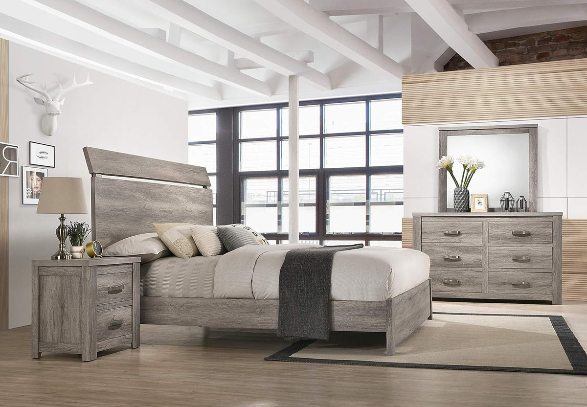 Weathered Gray Wood Queen Panel Bed, Dresser, Mirror, Nightstand, Chest L56132