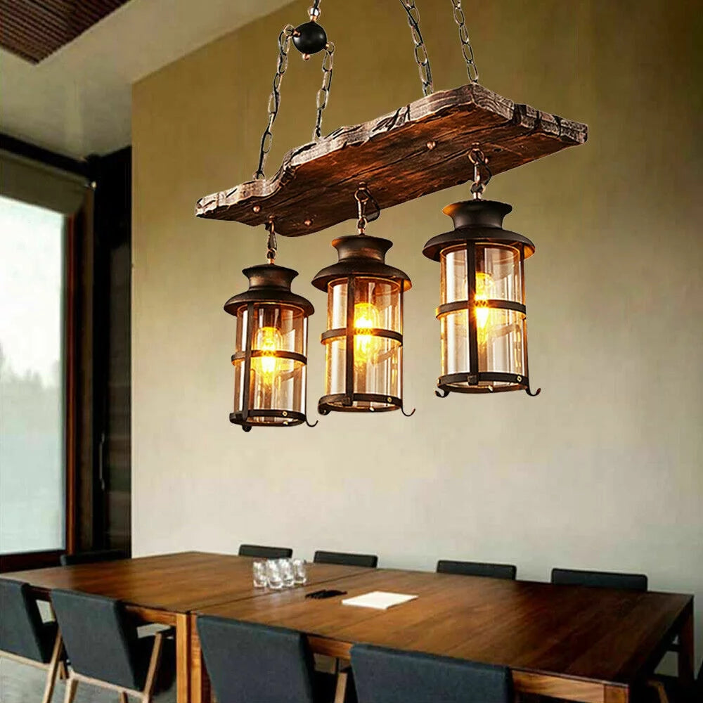 Rustic Wood 3 Heads Hanging Chandelier Ceiling Light Q381