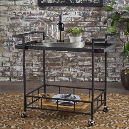 Black Industrial Iron Bar Cart with Tempered Glass Shelves J996901