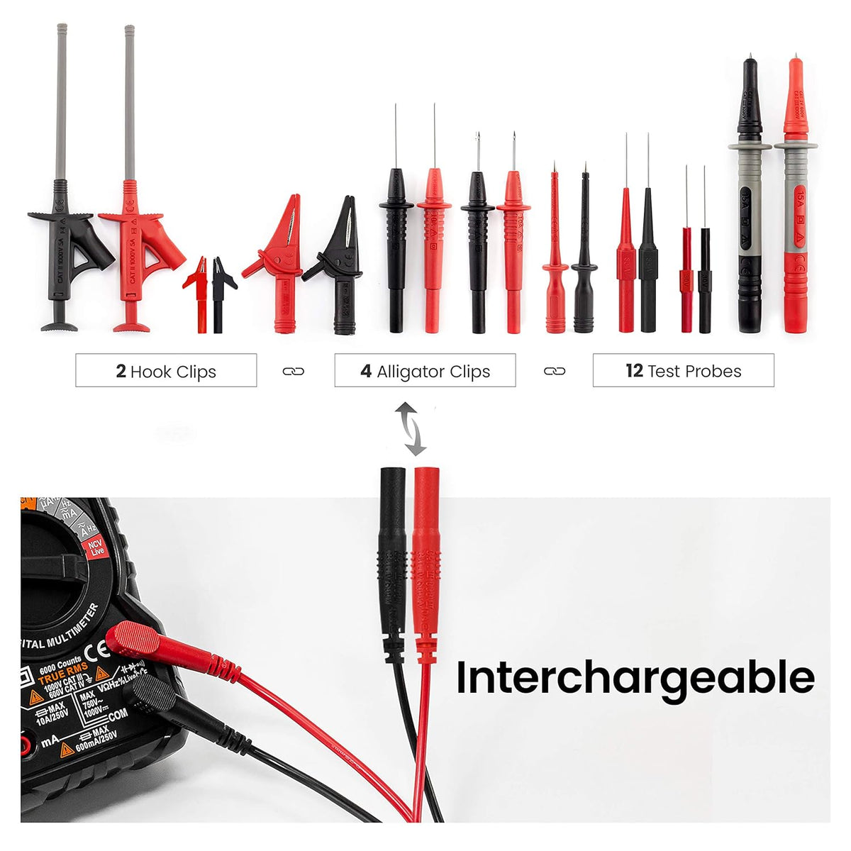 23PCS Multimeter Test Leads Kit with Replaceable Precision Probes, Alligator Clips, Test Hook, Flexible Wires G73918