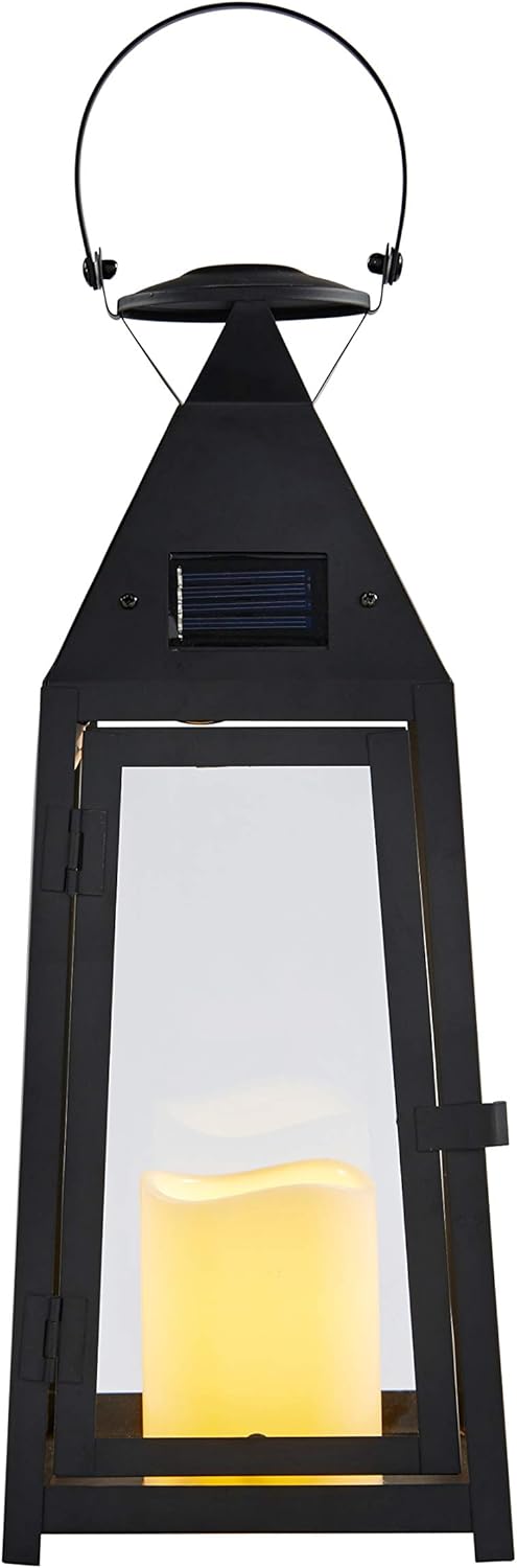 15.5” Black Metal Solar Powered LED Outdoor Lantern H565755