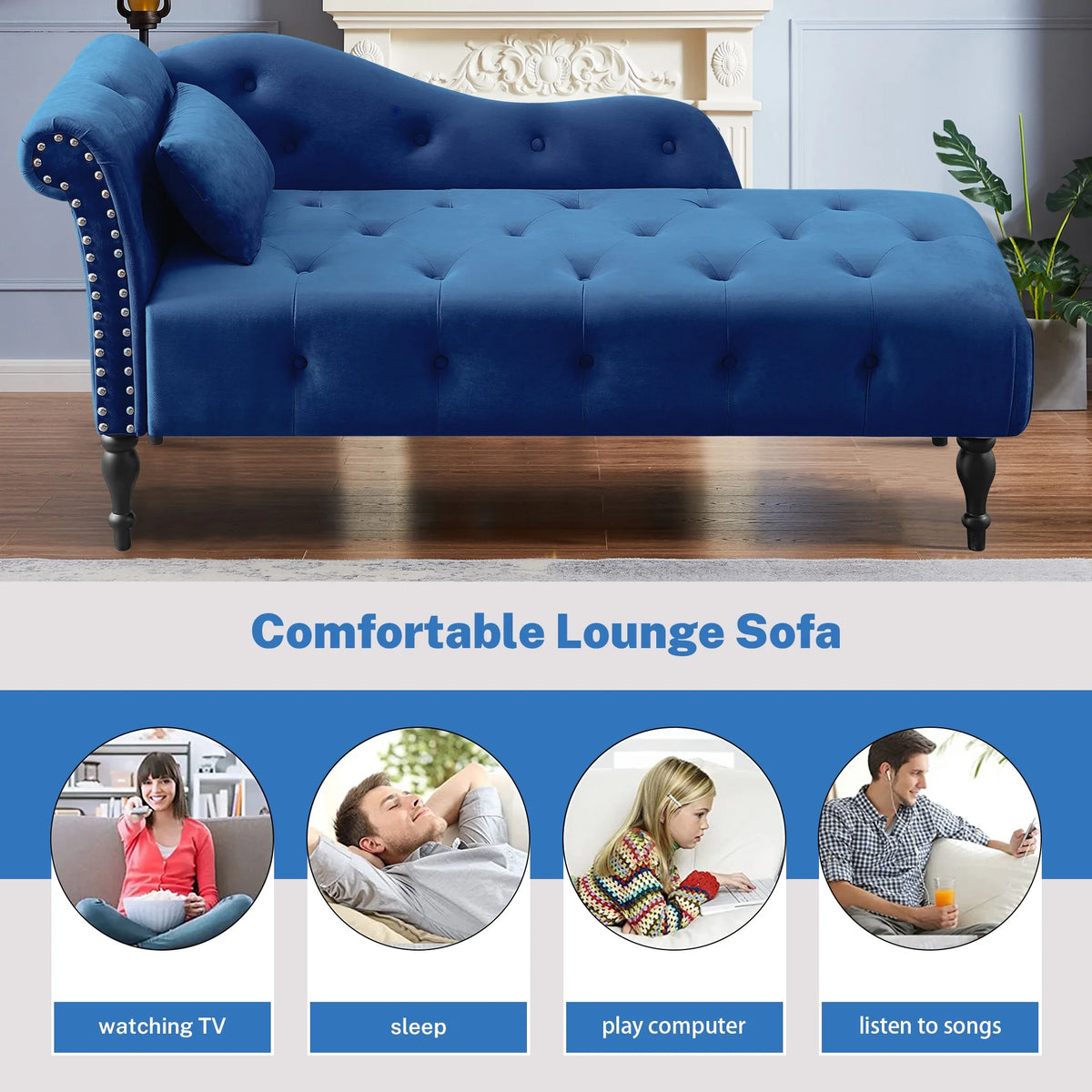 Blue Button Tufted Lounge Chaise with Accent Pillow P608301