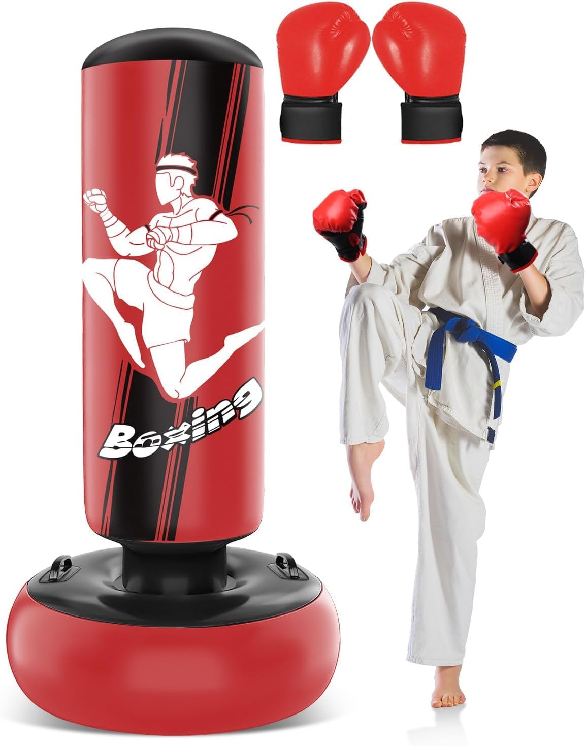 66 Inch Inflatable Punching Bag with Boxing Gloves (Red) H787592