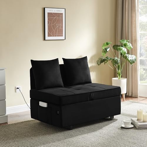 Dark Grey Velvet 4-in-1 Convertible Sofa Bed with 2 Throw Pillow F16569