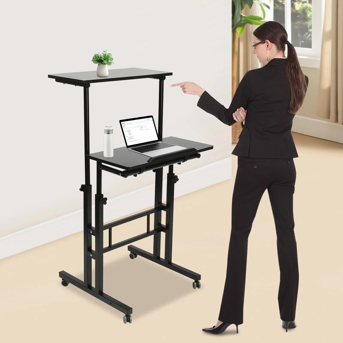 24" Mobile Stand Up Desk Adjustable Height Small Storage Desk with Wheels Black X47652