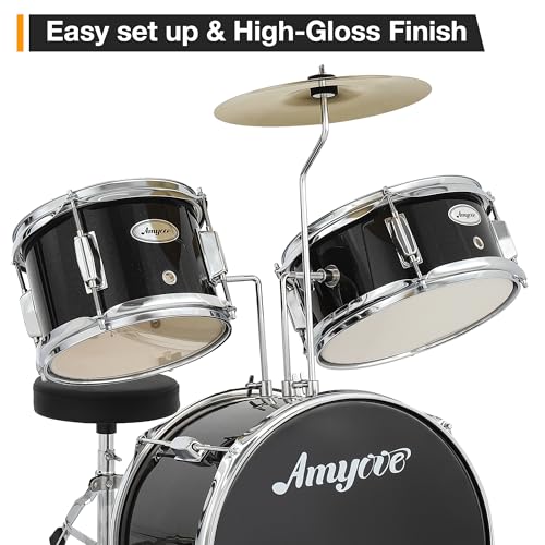 3 Piece Junior Drum Set with Cymbal, Tom, Bass Drum, Drumsticks, Bass Pedal and Drum Stool, Black W123725