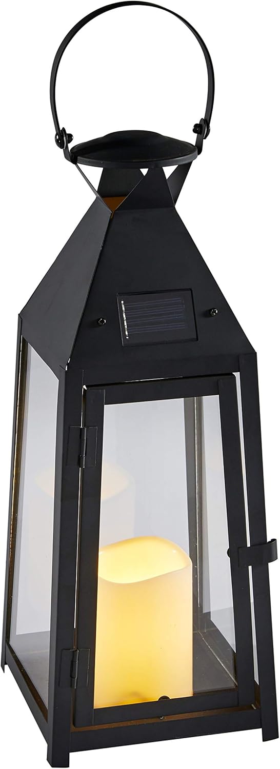 15.5” Black Metal Solar Powered LED Outdoor Lantern H565755