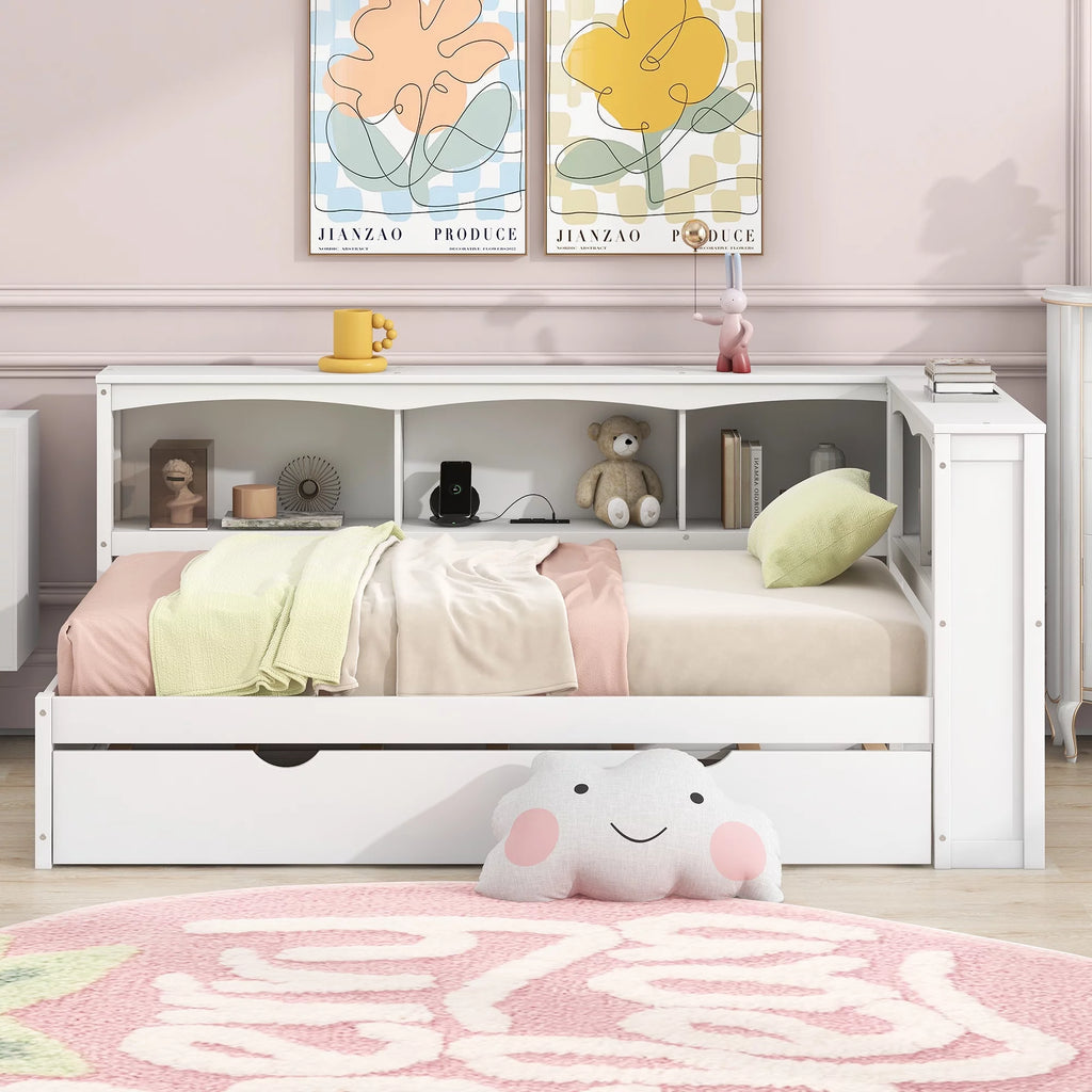 Twin over Twin Size Wood Daybed with Trundle and Storage Cabinets (White) E24116