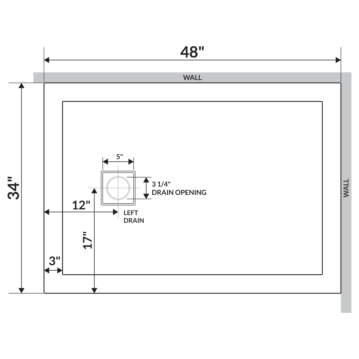 48x22 Shower Base Pan Left Double Threshold Right Drain Z9743